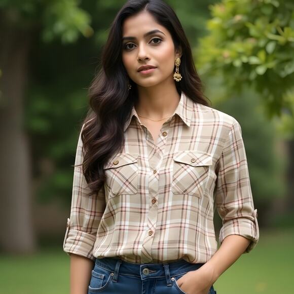 LAUREN RALPH LAUREN Women's Vextus Cotton Plaid Button Down Shirt Size Medium - Picture 8 of 8